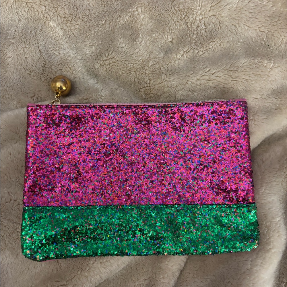 ipsy Pink and Green Glitter Cosmetic Bag